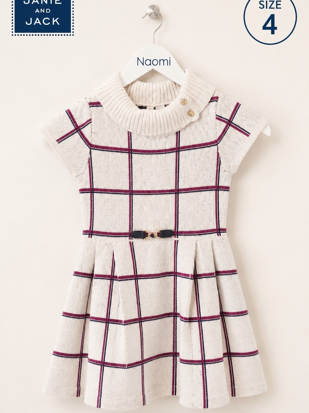 Janie and Jack Cream Plaid Knit Dress with Burgundy Windowpane